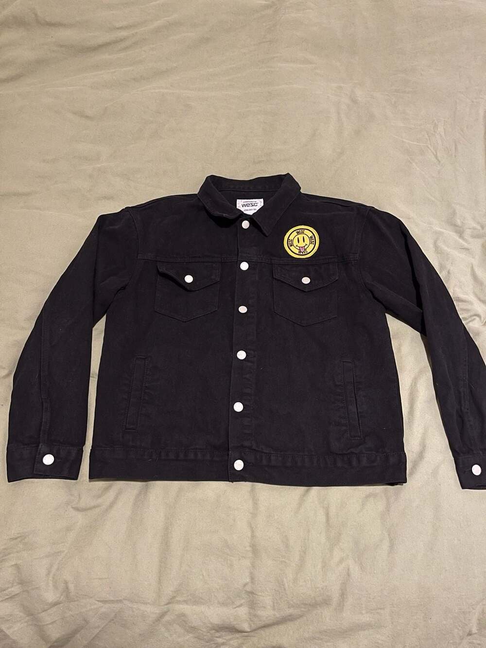WeSC 'Hardcore Happiness' Smiley Face Black Denim Trucker Jacket